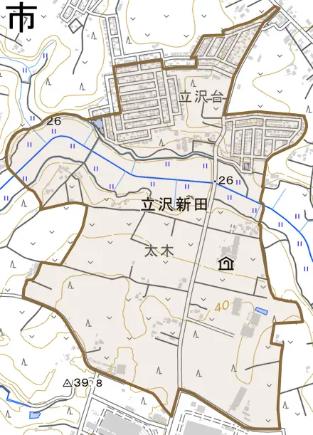 立沢新田とその周辺の地図。町の範囲を重ねている