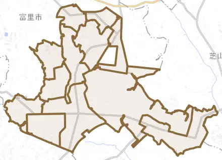十倉とその周辺の地図。町の範囲を重ねている