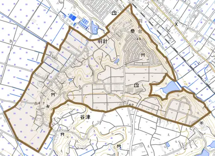 羽計とその周辺の地図。町の範囲を重ねている