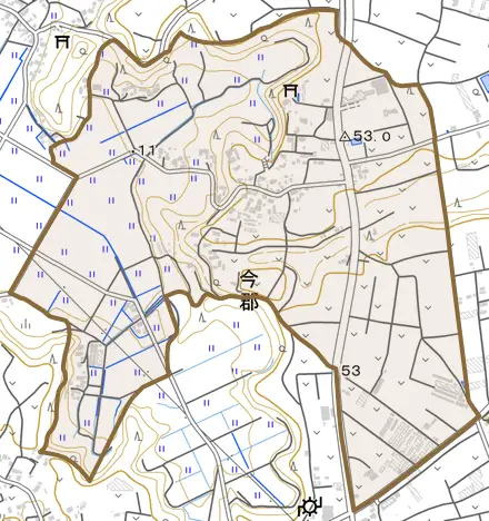今郡とその周辺の地図。町の範囲を重ねている