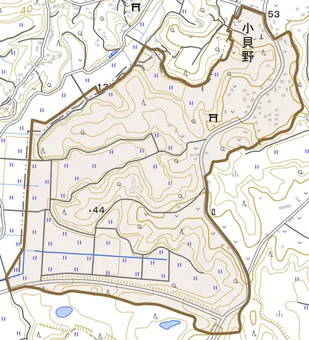 小貝野とその周辺の地図。町の範囲を重ねている