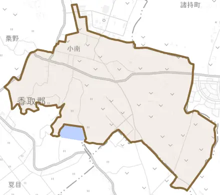 小南とその周辺の地図。町の範囲を重ねている