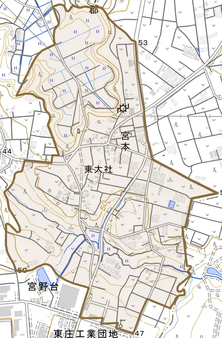 宮本とその周辺の地図。町の範囲を重ねている