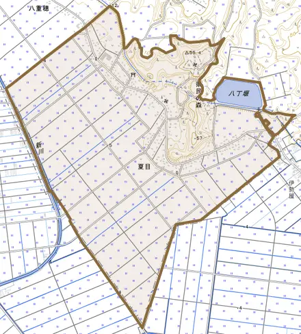夏目とその周辺の地図。町の範囲を重ねている