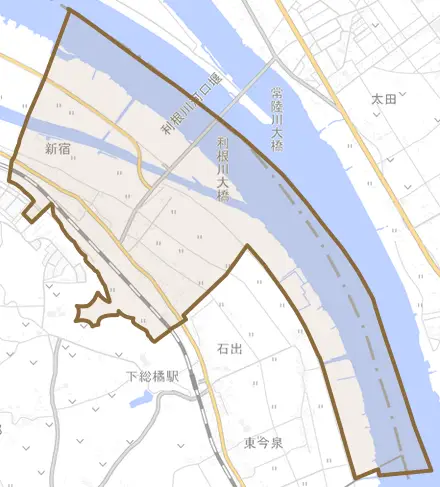 新宿とその周辺の地図。町の範囲を重ねている