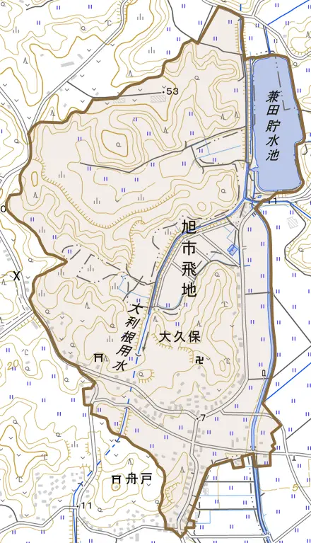 大久保とその周辺の地図。町の範囲を重ねている