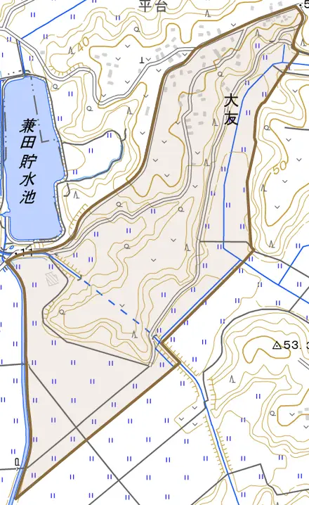 大友とその周辺の地図。町の範囲を重ねている