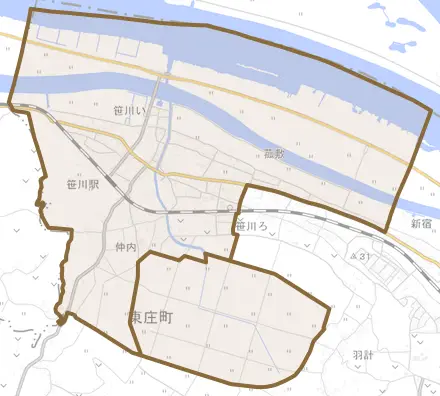 笹川いとその周辺の地図。町の範囲を重ねている