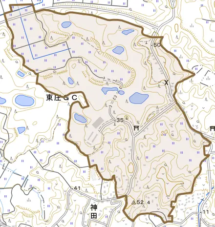 東和田とその周辺の地図。町の範囲を重ねている