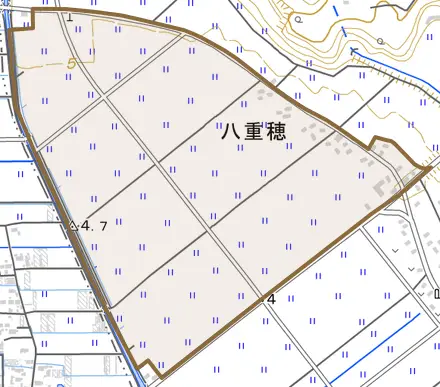 八重穂とその周辺の地図。町の範囲を重ねている