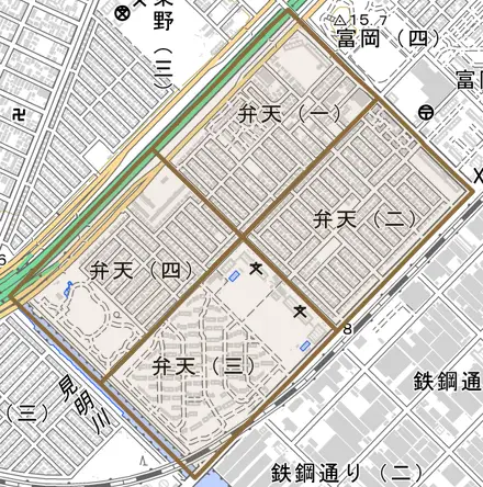 弁天とその周辺の地図。町の範囲を重ねている