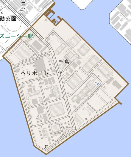 千鳥とその周辺の地図。町の範囲を重ねている