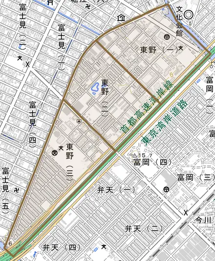 東野とその周辺の地図。町の範囲を重ねている