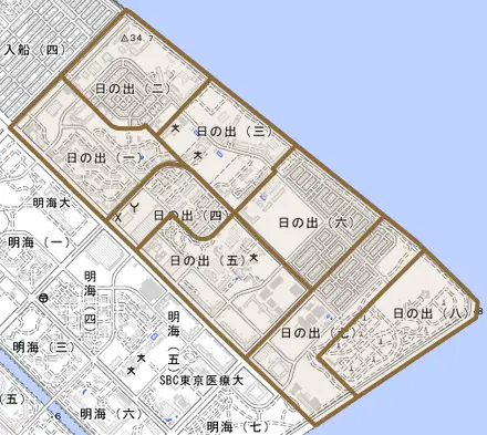 日の出とその周辺の地図。町の範囲を重ねている