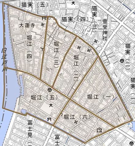 堀江とその周辺の地図。町の範囲を重ねている