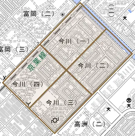 今川とその周辺の地図。町の範囲を重ねている