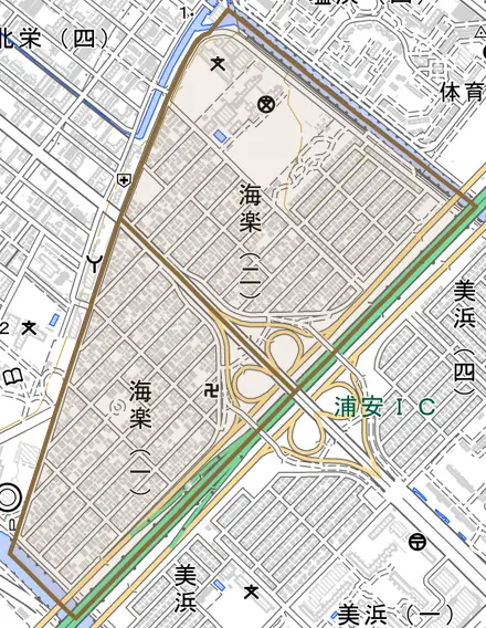 海楽とその周辺の地図。町の範囲を重ねている