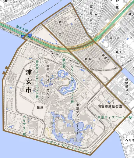 舞浜とその周辺の地図。町の範囲を重ねている