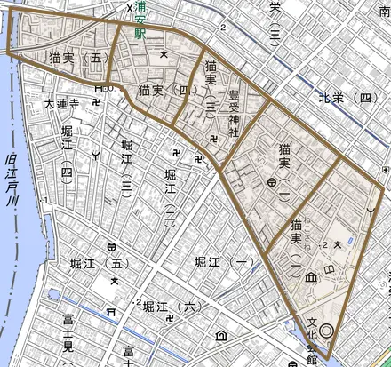 猫実とその周辺の地図。町の範囲を重ねている