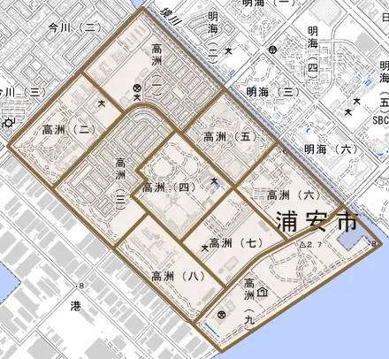 高洲とその周辺の地図。町の範囲を重ねている