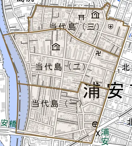 当代島とその周辺の地図。町の範囲を重ねている