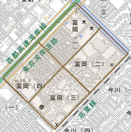 富岡とその周辺の地図。町の範囲を重ねている