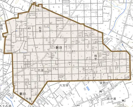 朝日とその周辺の地図。町の範囲を重ねている