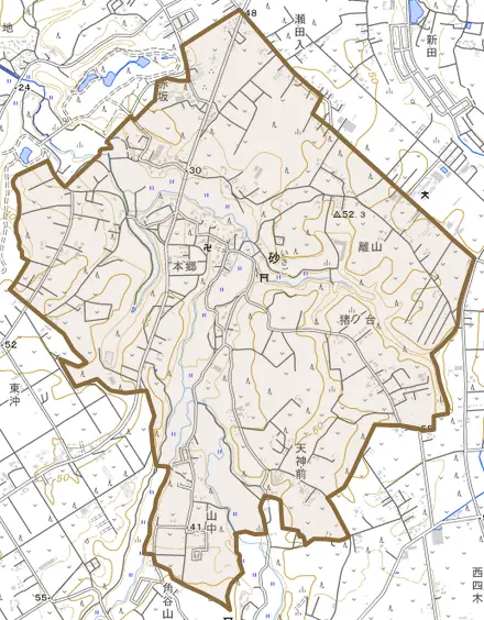 砂とその周辺の地図。町の範囲を重ねている