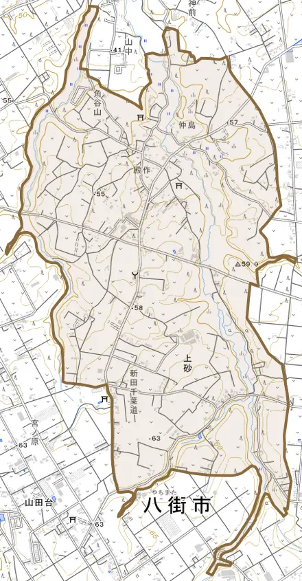 上砂とその周辺の地図。町の範囲を重ねている
