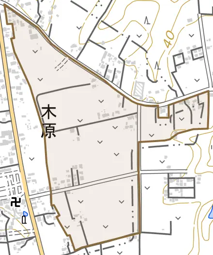 木原とその周辺の地図。町の範囲を重ねている