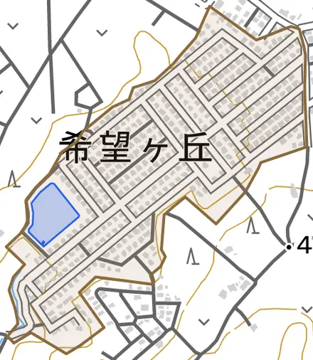 希望ヶ丘とその周辺の地図。町の範囲を重ねている