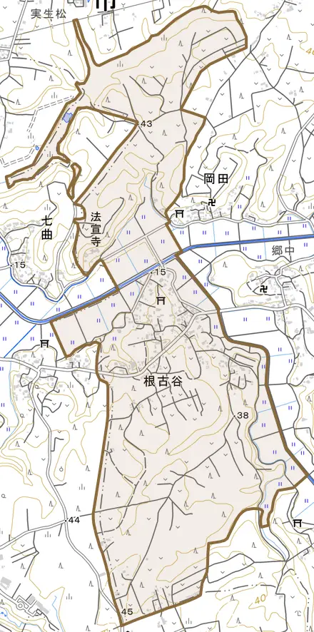 根古谷とその周辺の地図。町の範囲を重ねている