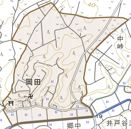 岡田とその周辺の地図。町の範囲を重ねている