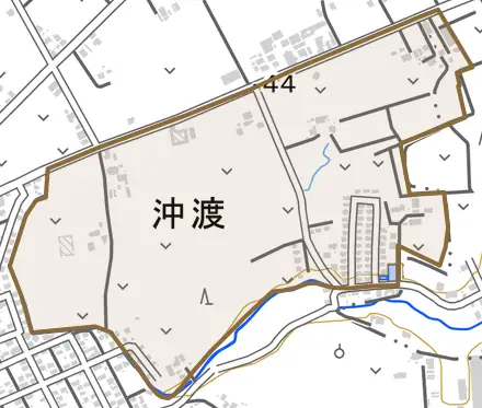 沖渡とその周辺の地図。町の範囲を重ねている