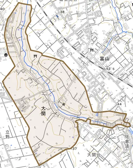 大関とその周辺の地図。町の範囲を重ねている