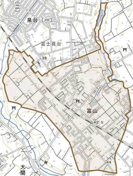 富山とその周辺の地図。町の範囲を重ねている