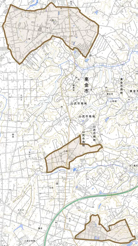 八街へとその周辺の地図。町の範囲を重ねている