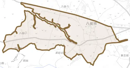 八街いとその周辺の地図。町の範囲を重ねている