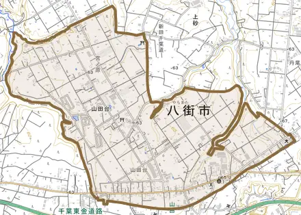 山田台とその周辺の地図。町の範囲を重ねている