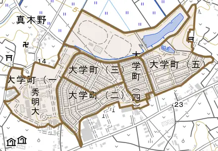 大学町とその周辺の地図。町の範囲を重ねている