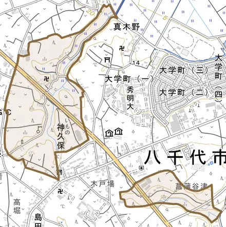 神久保とその周辺の地図。町の範囲を重ねている
