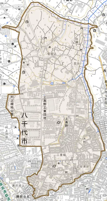 上高野とその周辺の地図。町の範囲を重ねている