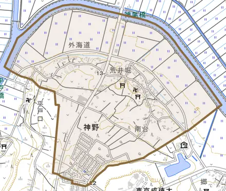 神野とその周辺の地図。町の範囲を重ねている