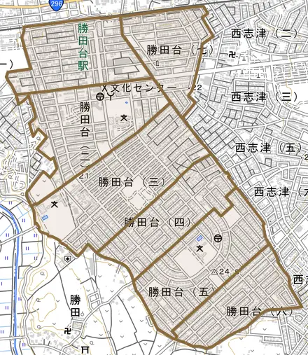 勝田台とその周辺の地図。町の範囲を重ねている