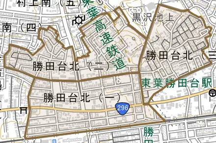勝田台北とその周辺の地図。町の範囲を重ねている