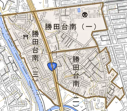 勝田台南とその周辺の地図。町の範囲を重ねている