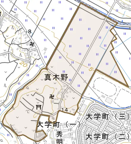 真木野とその周辺の地図。町の範囲を重ねている