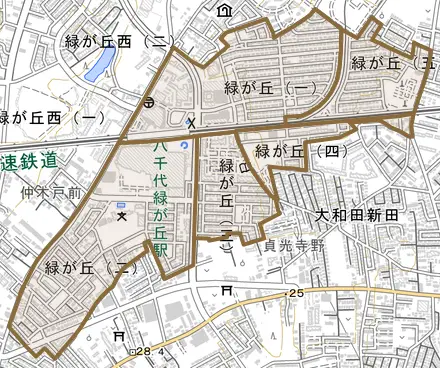 緑が丘とその周辺の地図。町の範囲を重ねている