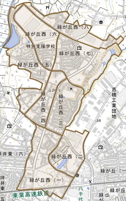 緑が丘西とその周辺の地図。町の範囲を重ねている