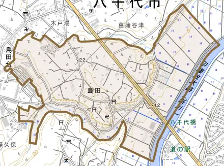 島田とその周辺の地図。町の範囲を重ねている